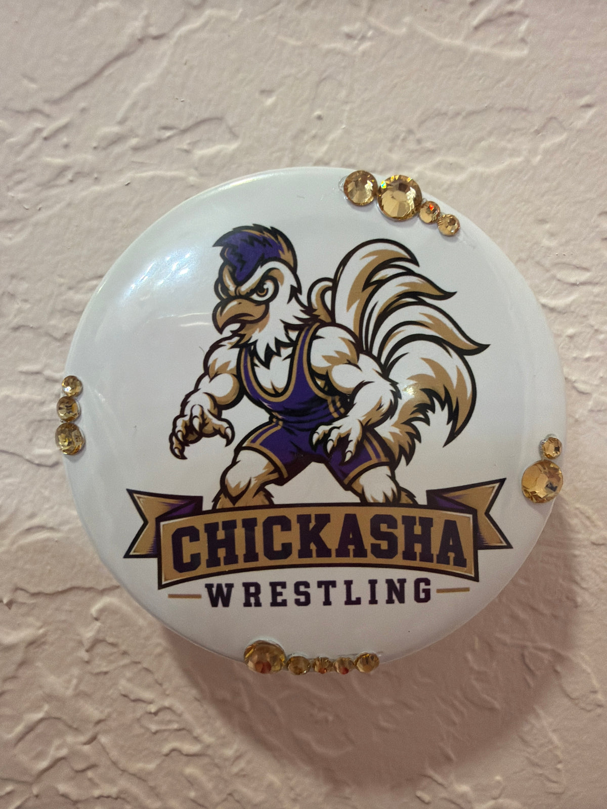 Fightin' Chick Wrestling Button w/ Gold Stones