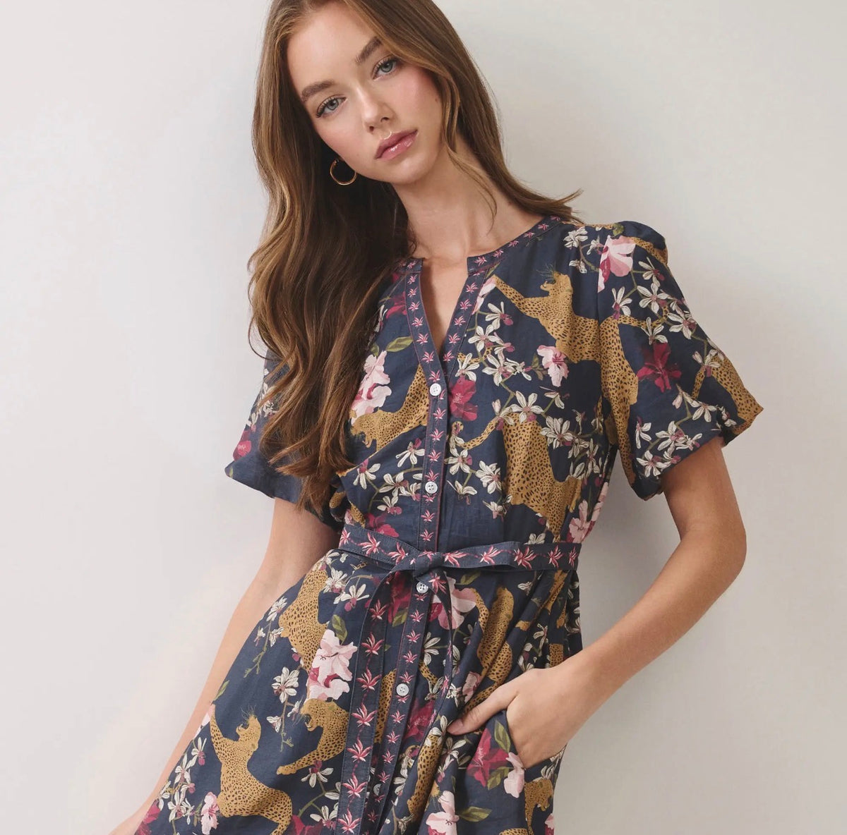 Animal Floral Print Belted Midi Dress