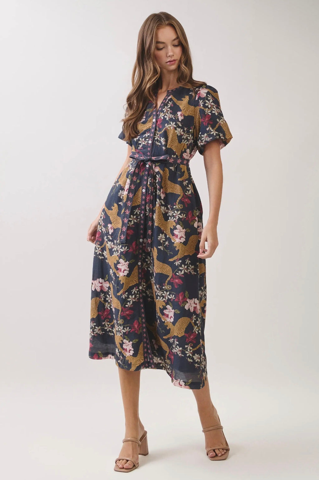 Animal Floral Print Belted Midi Dress