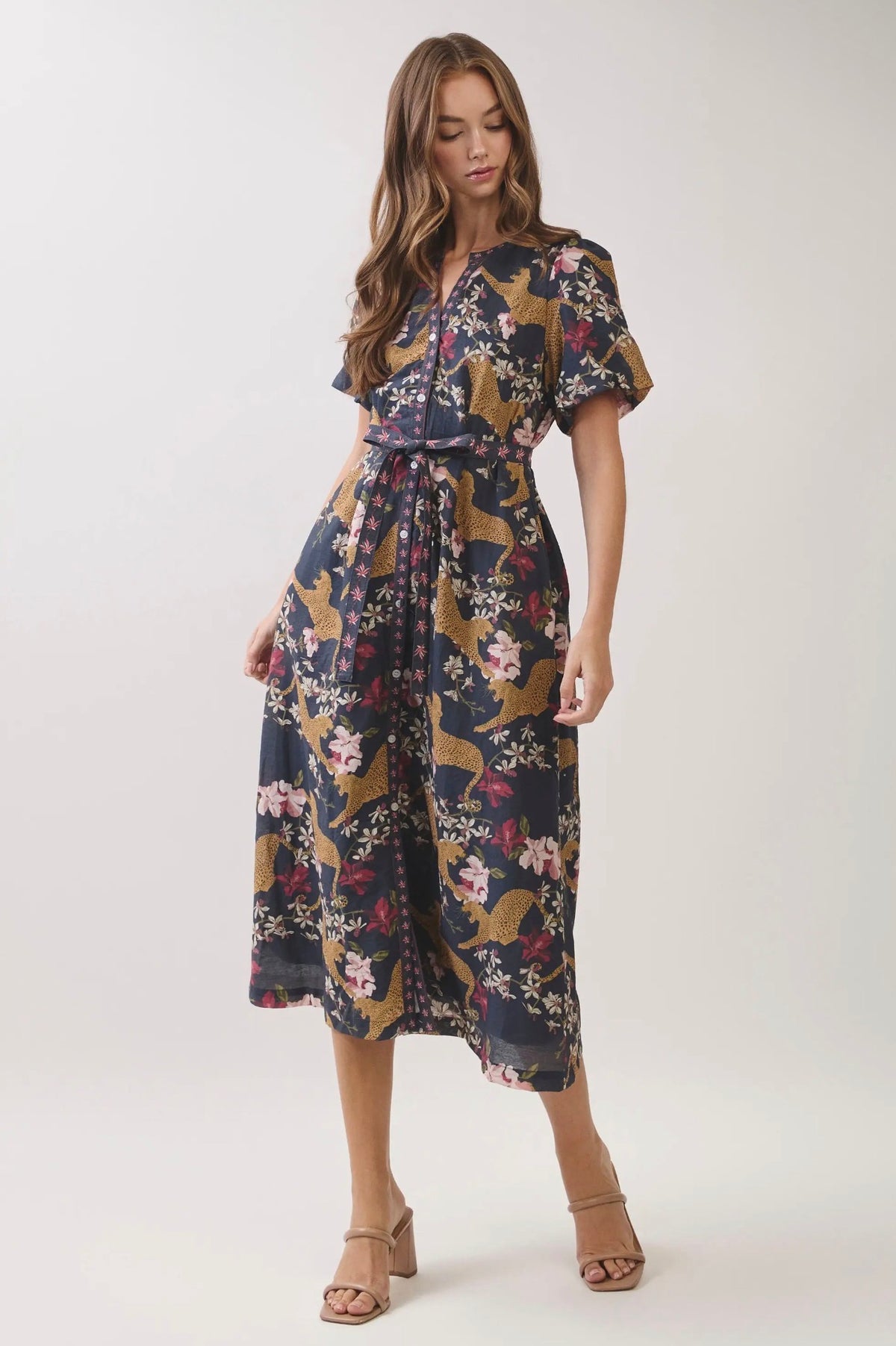 Animal Floral Print Belted Midi Dress