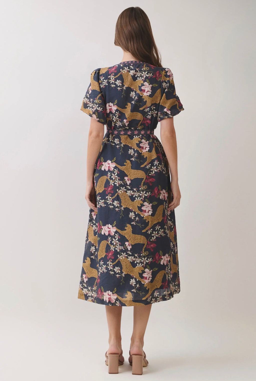 Animal Floral Print Belted Midi Dress