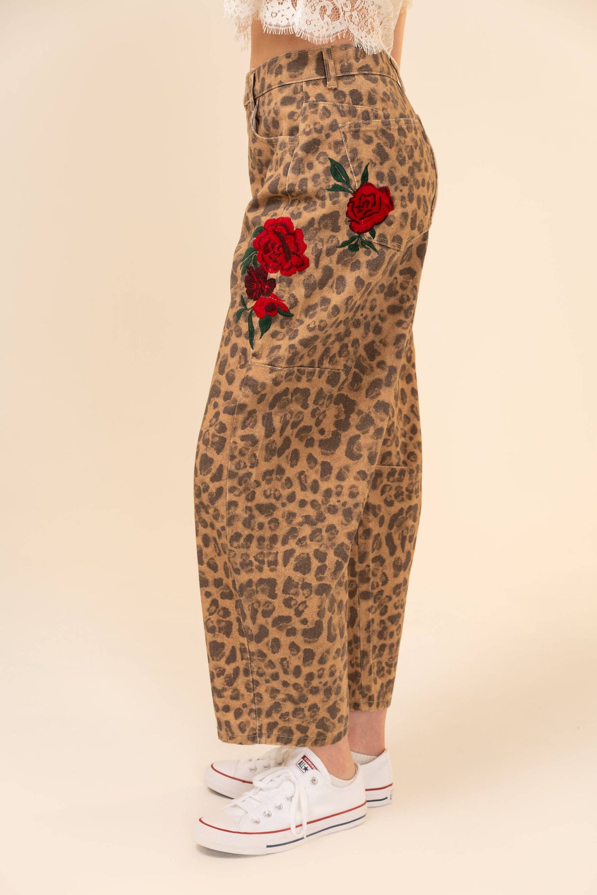 Rose Embroidered Leopard Barrel Pants