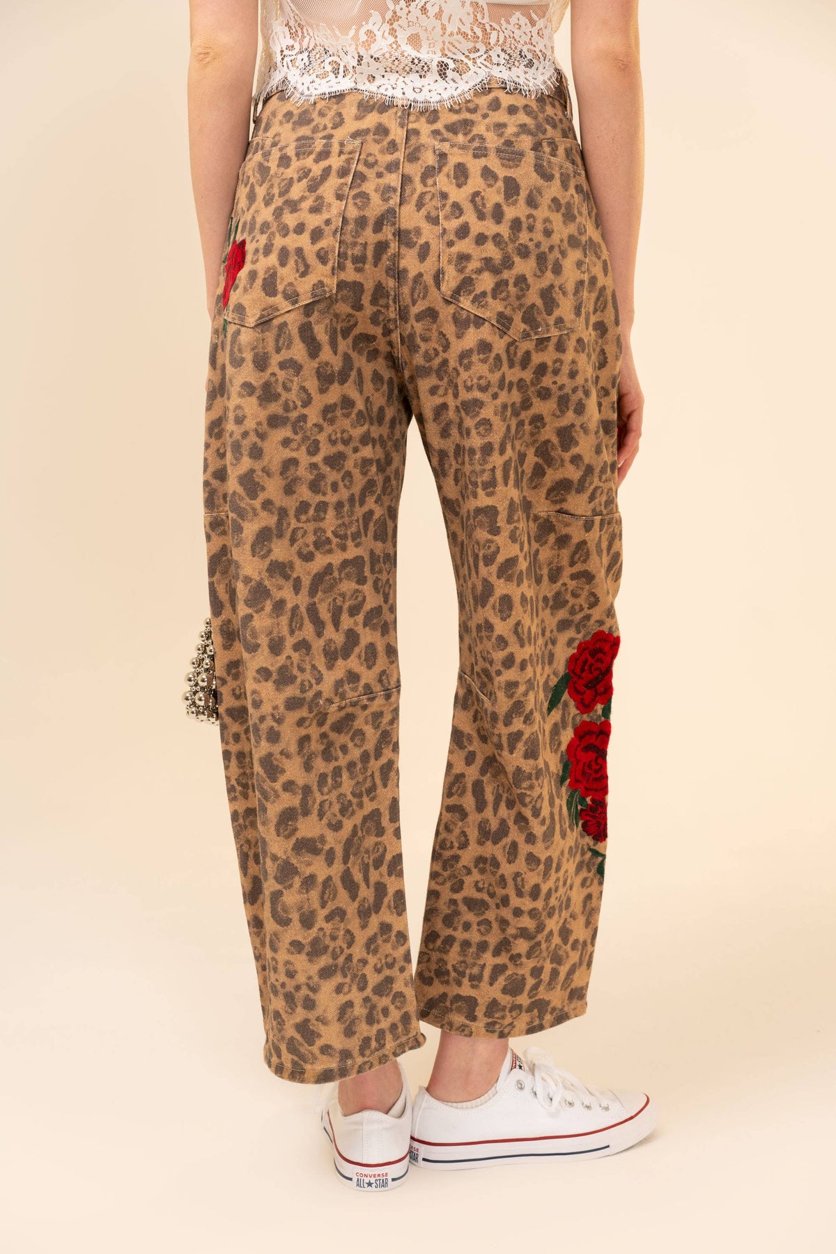 Rose Embroidered Leopard Barrel Pants